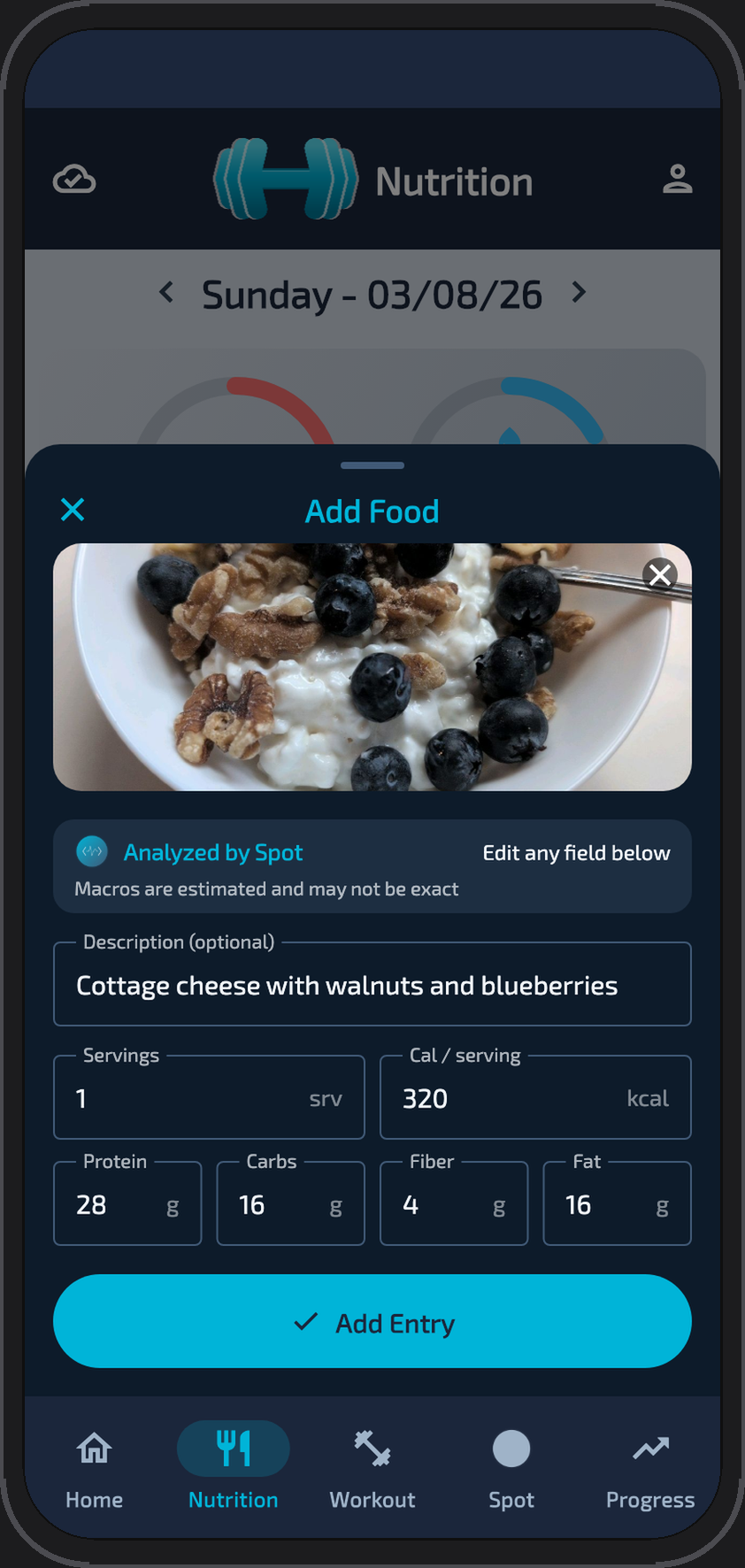 AI meal scanning — photo analyzed by Spot with estimated macros