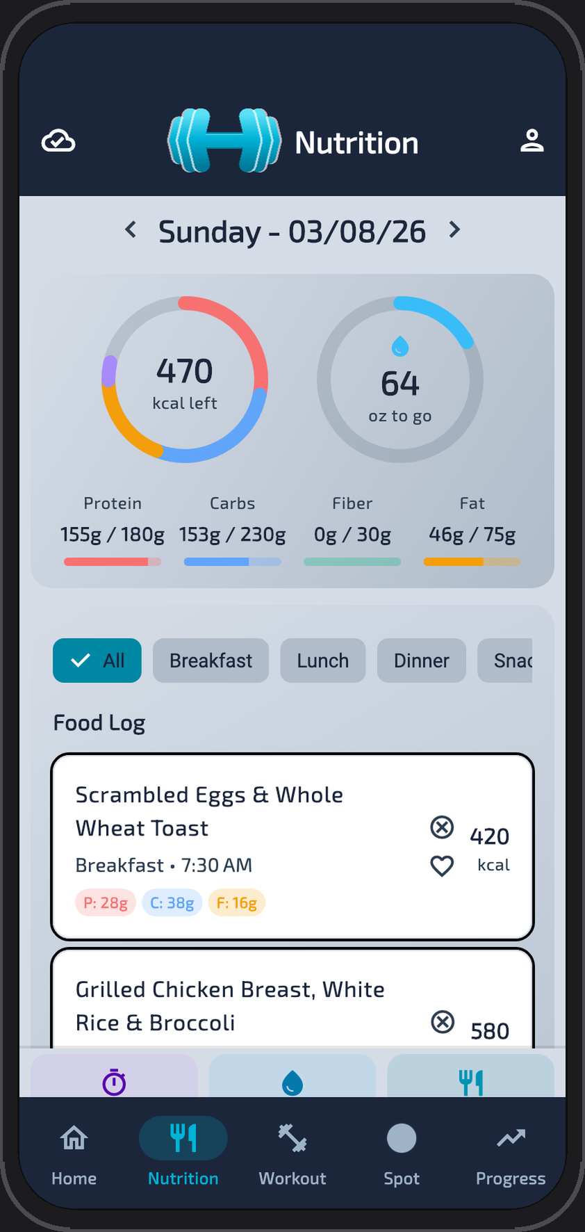 Refactor Fitness nutrition tracking — calorie ring, macro progress bars, and food log