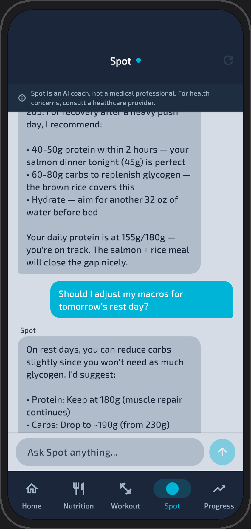 Spot AI coaching conversation — personalized fitness and nutrition advice based on your real data