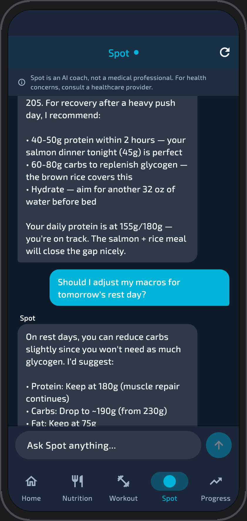 Spot AI coaching conversation in dark mode