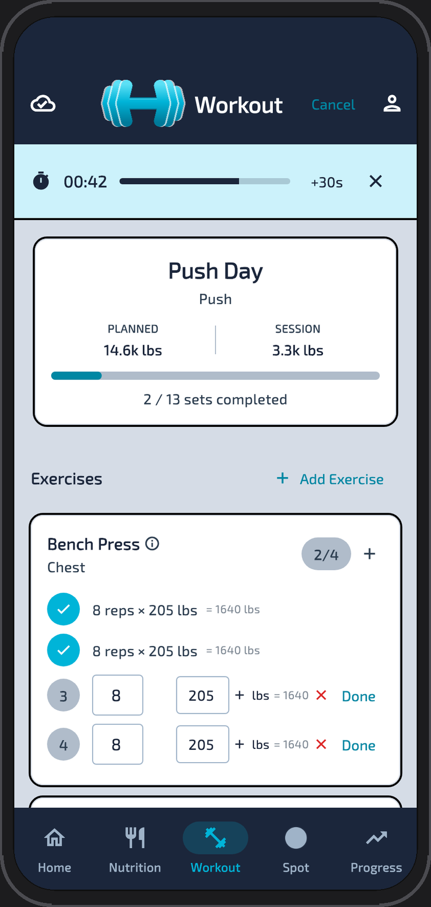Active workout session with sets completed and rest timer