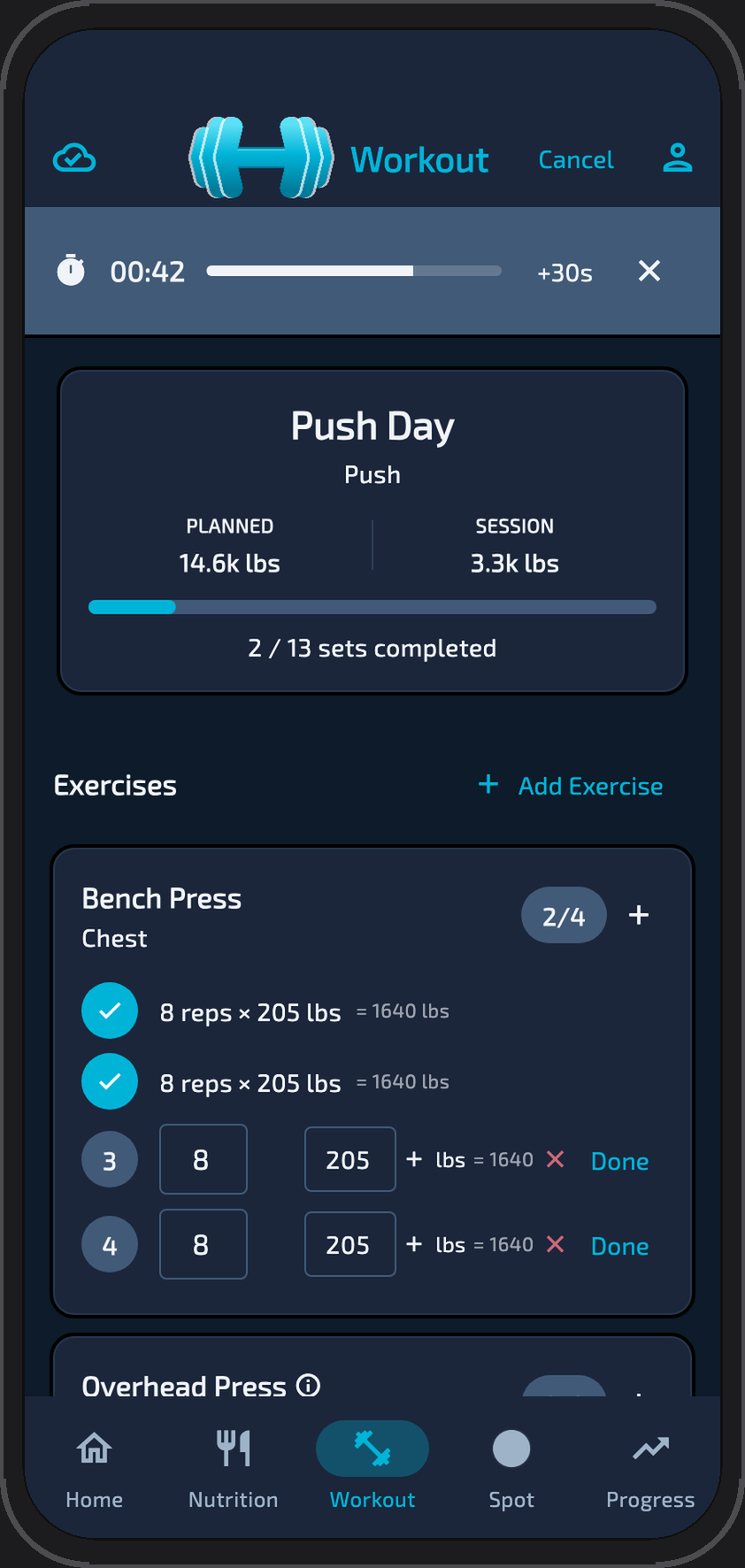 Active workout in dark mode